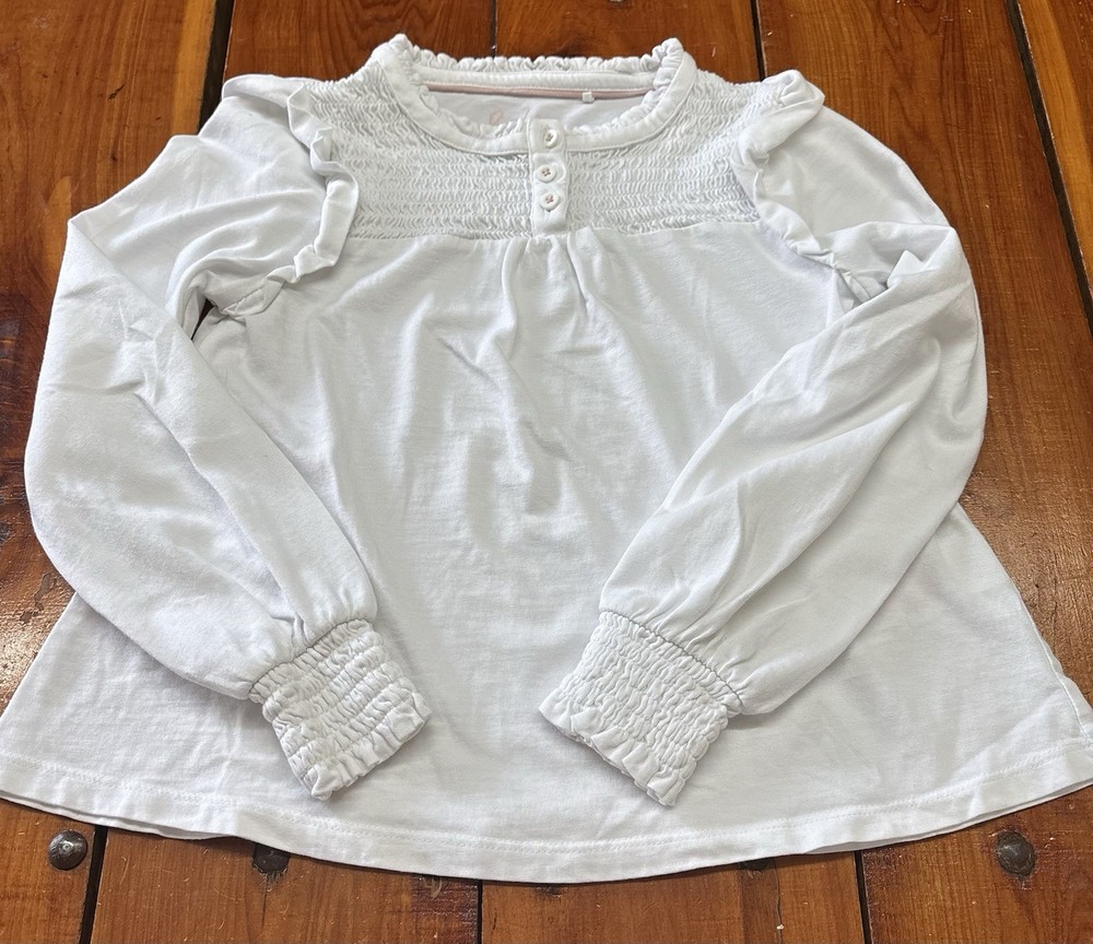 Mini Boden Girls Top SIze 7-8 White Ruffle Smocked Long Sleeve