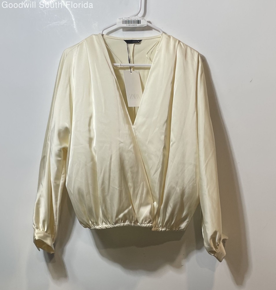 Zara Womens Beige Long Sleeve Elastic Hem V-Neck Blouse Top Size XS With Tag