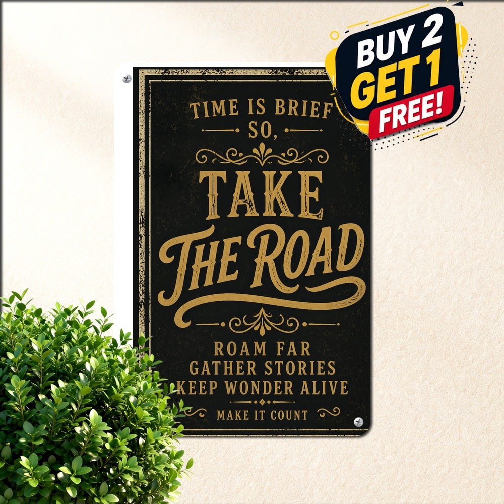 Adventure Motivational Quote Poster Gold Typography Black Background Tin Sign