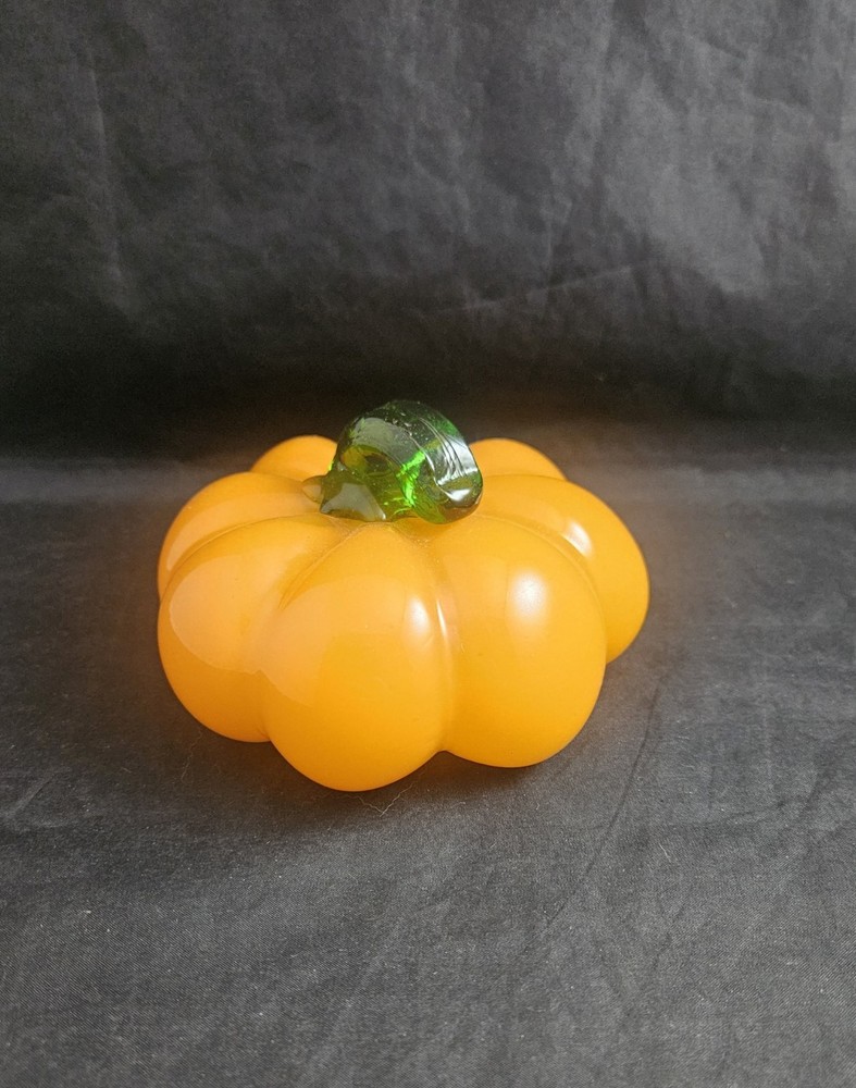 Hand Blown Art Glass Orange Pumpkin Green Stem Figurine Fall Decor