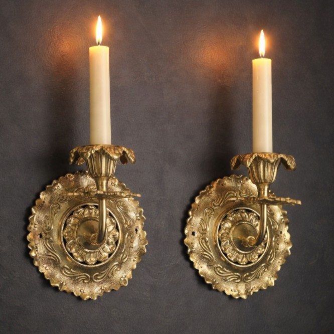 Pair Solid Brass Wall Candle Sconces Ornate Floral Hollywood Regency Vintage