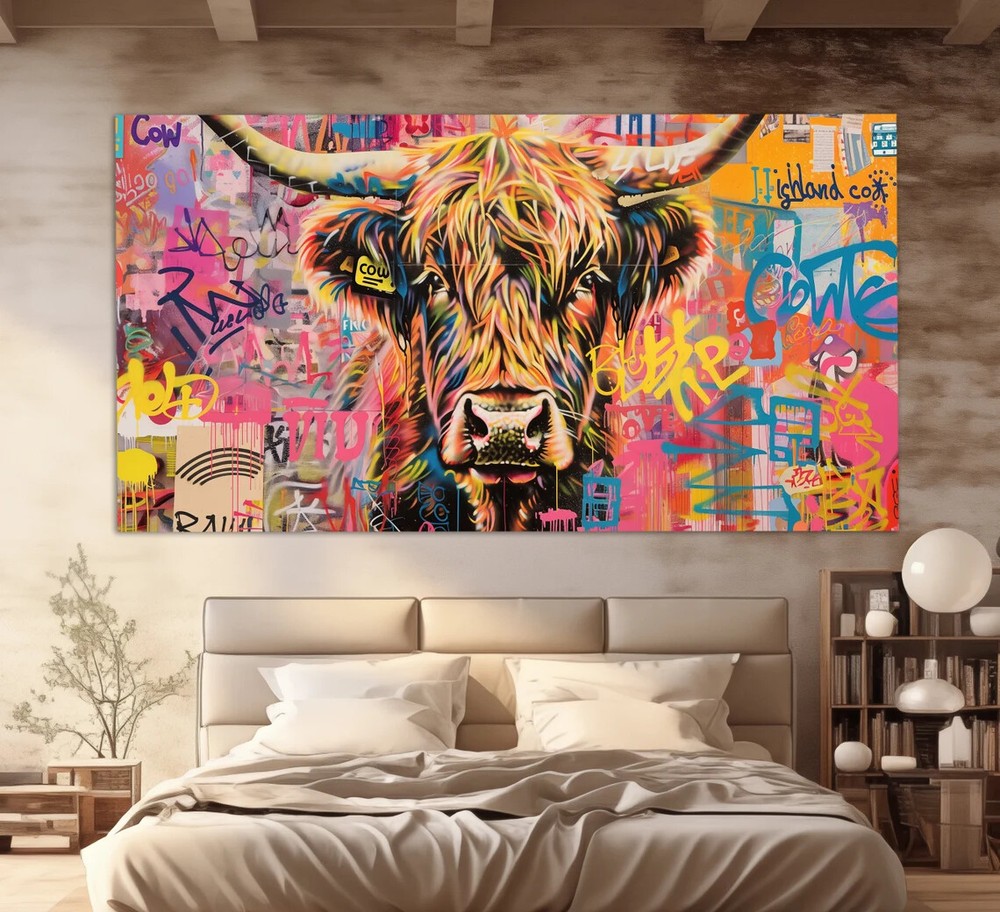 Abstract Highland Cow Pop Art Graffiti Wall Art Canvas Unframed Print Art-image