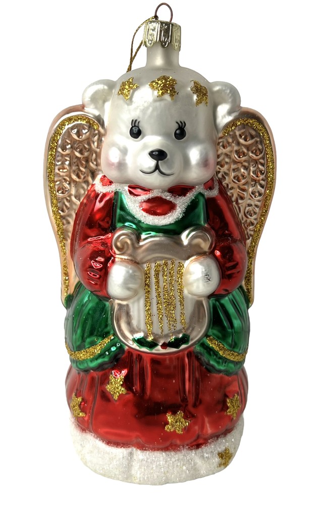 Hand Blown Glass Teddy Bear Angel White  Glitter Ornament 7” Santa’s Best