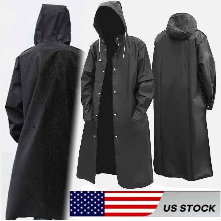 Men Black Waterproof Long Raincoat Rain Coat Hooded Trench Jacket Outdoor Hiking