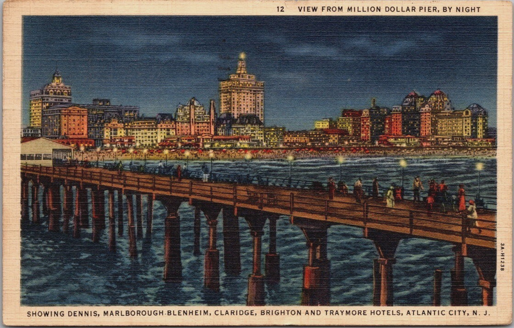 View From Million Dollar Pier at Night, Atlantic City Hotels Linen Postcard 1939