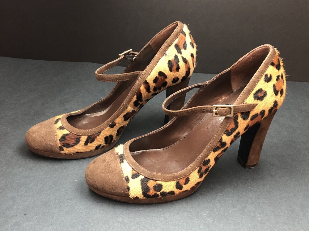 Ralph Lauren Leopard Fur & Brown Suede Heels Almond Toe Women's Shoe Sz 6 Animal