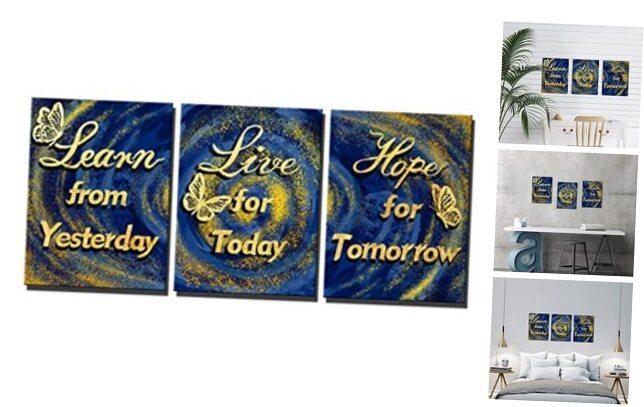 3 Piece Blue and Gold Canvas Decor Motivational Quotes Wall Art Life