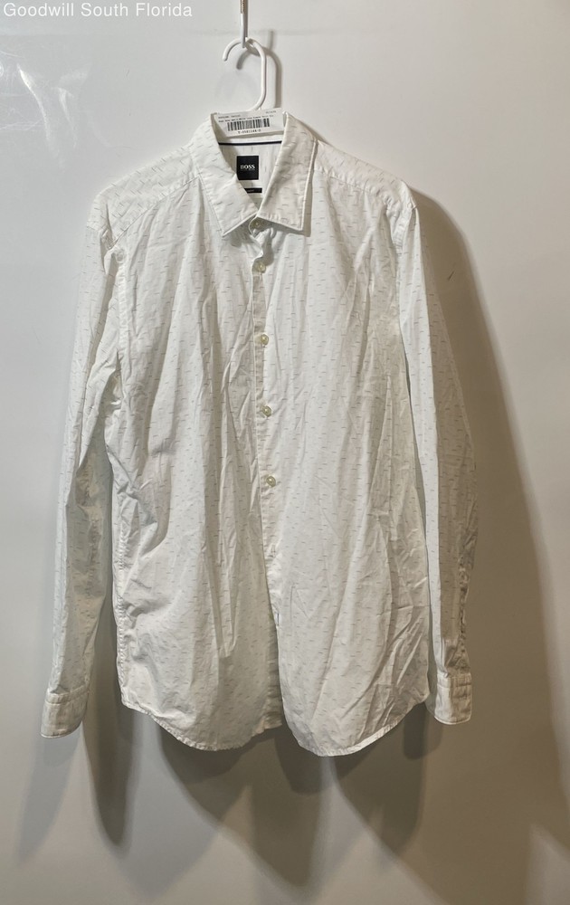 Hugo Boss Mens White Long Sleeve Spread Collar Button-Up Shirt Size Large