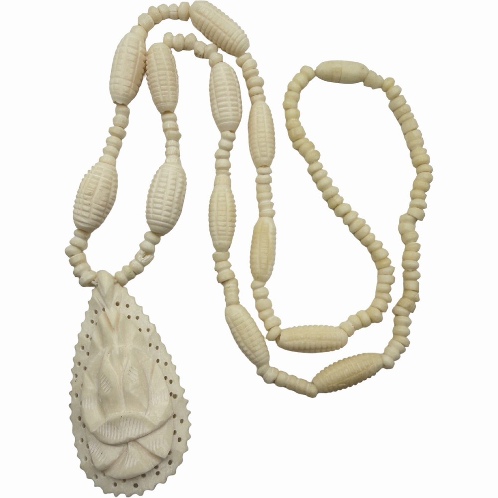 Vintage Hand Carved Ivory Tone Flower Pendant Necklace Statement Necklace