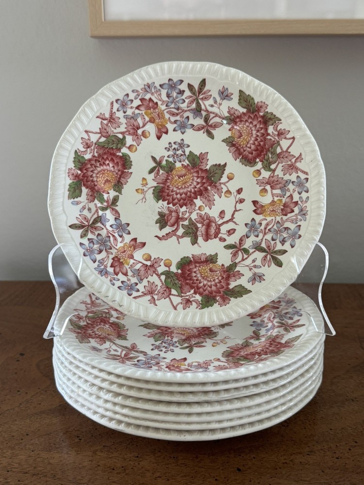 FOUR Vintage Copeland Spode England Red Aster Floral Bread & Butter Plates, 6.5”