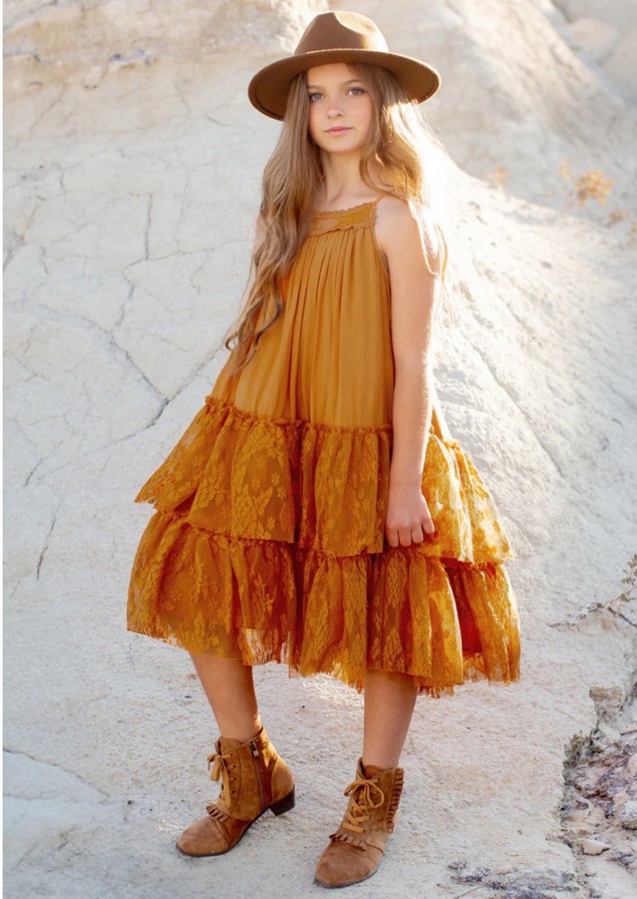Joyfolie Catrin Dress Girls 10 Marigold Boho Lace Tiered Maxi Yellow Flower Girl