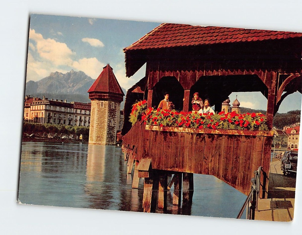 Postcard Chapel Bridge & Mount Pilatus Lucerne Switzerland
