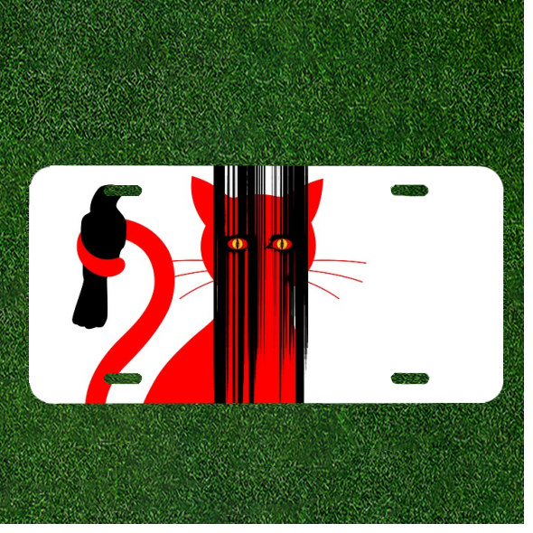 Custom Personalized License Plate Auto Tag With Red Cat Wrapping Bird Design