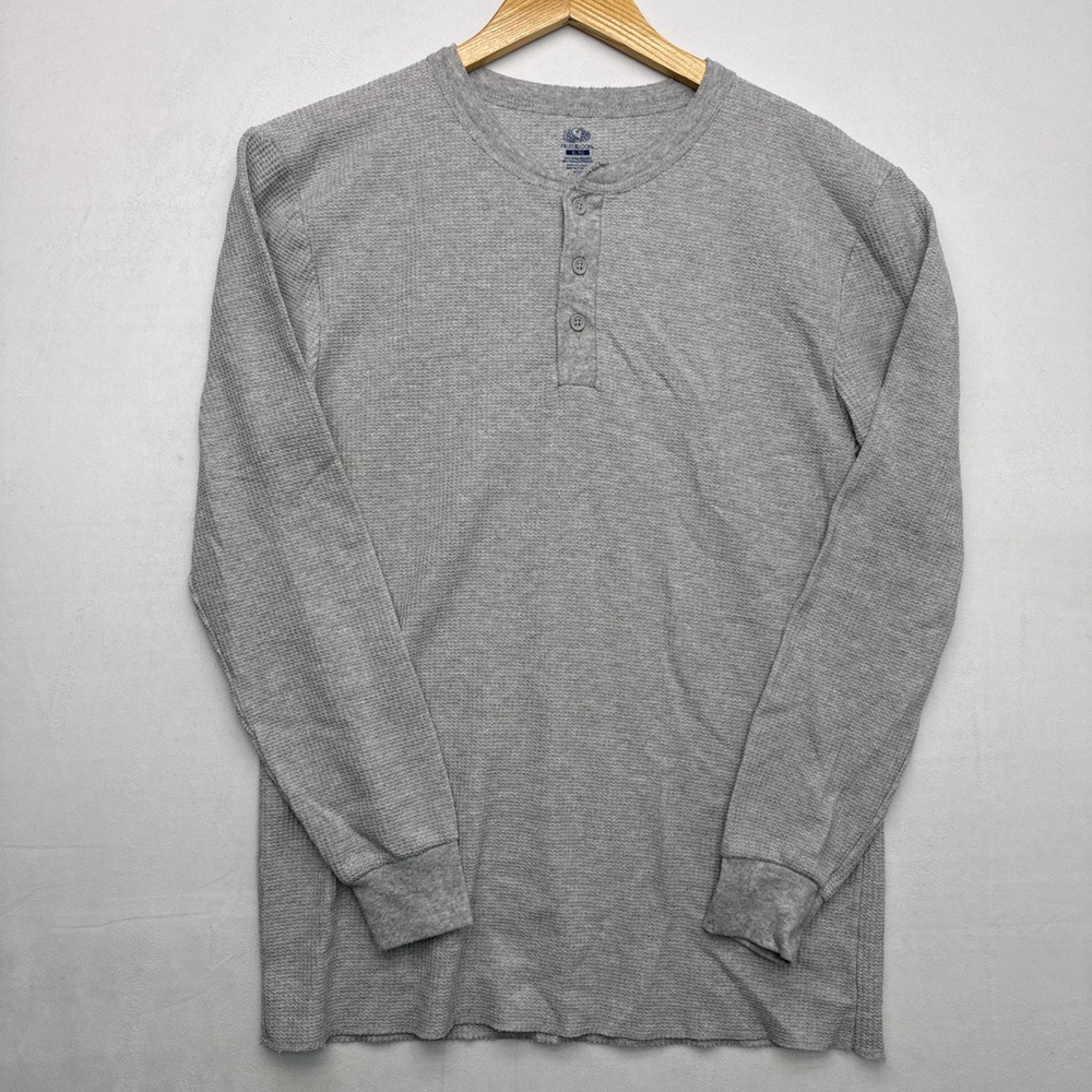 Fruit of the Loom Thermal Henley Shirt Mens XL Gray Long Sleeve