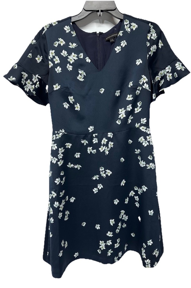 Banana Republic A Line Navy Blue Floral Dress Lined Short Sleeve V Neck Size 6