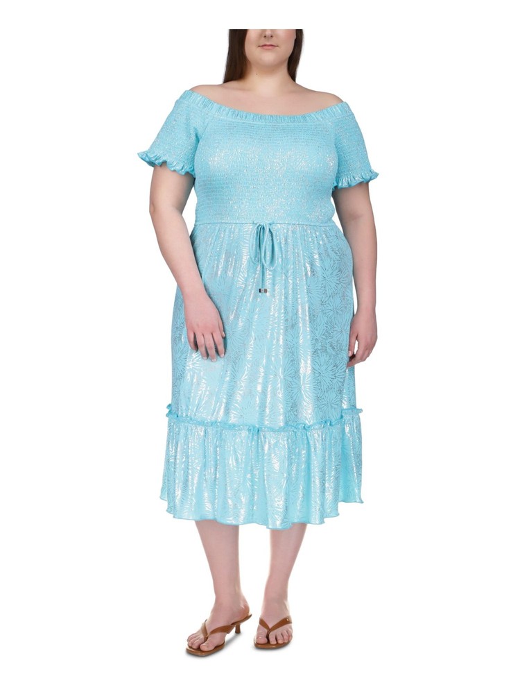MICHAEL KORS Womens Turquoise Waist Unlined Short Sleeve Midi Dress Plus 0X
