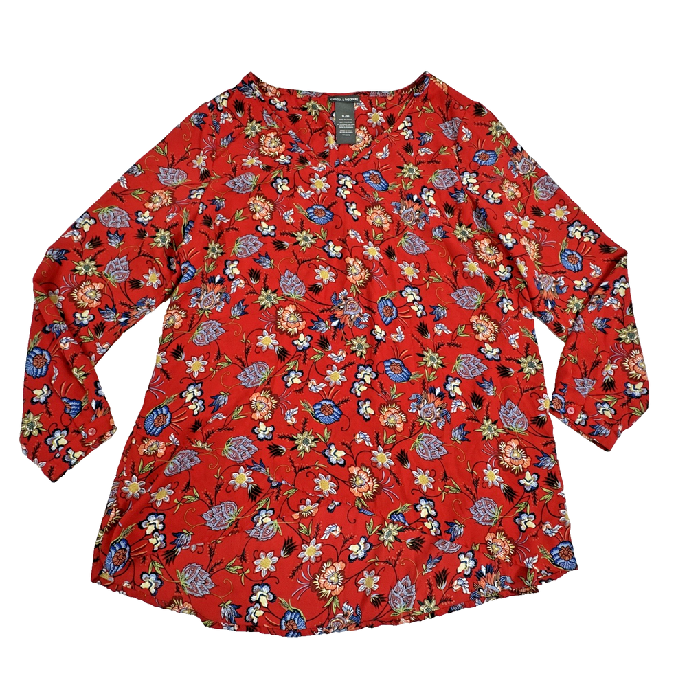 Chelsea & Theodore Boho Romantic Red Multicolor Floral Blouse. Women's Size XL