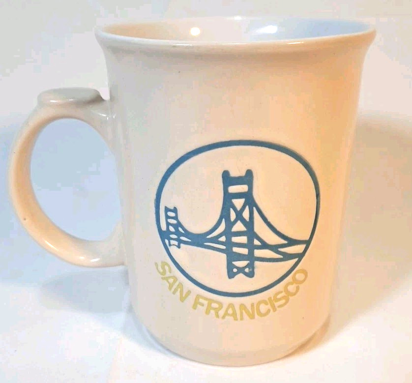 Vintage San Francisco Golden Gate Bridge Ceramic Coffee Mug Cream Blue Gold