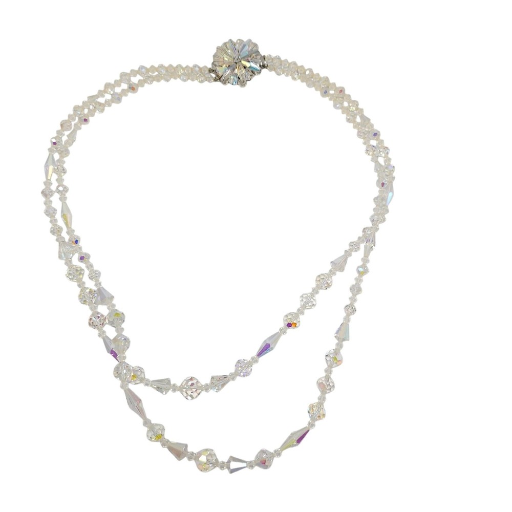 Vintage Double Strand Aurora Borealis Crystal Necklace With Flower Crystal Clasp