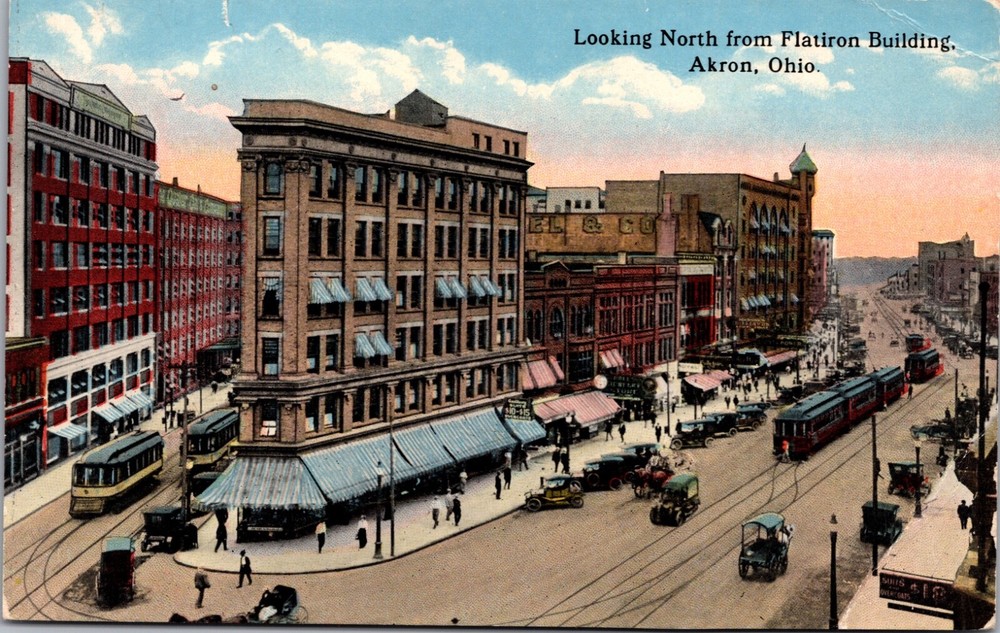 Postcard Looking North from Flatiron Building in Akron, Ohio