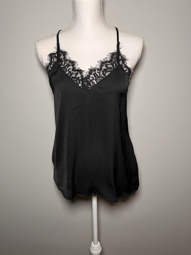 Allison Joy Evereve Black Lace Cami Satin Racerback Tank Top E-213-T XS NEW