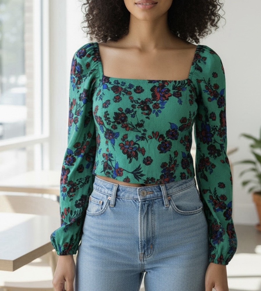 Free People Hilary Printed Top Green Combo Smocked Boho  Blouse Size XS