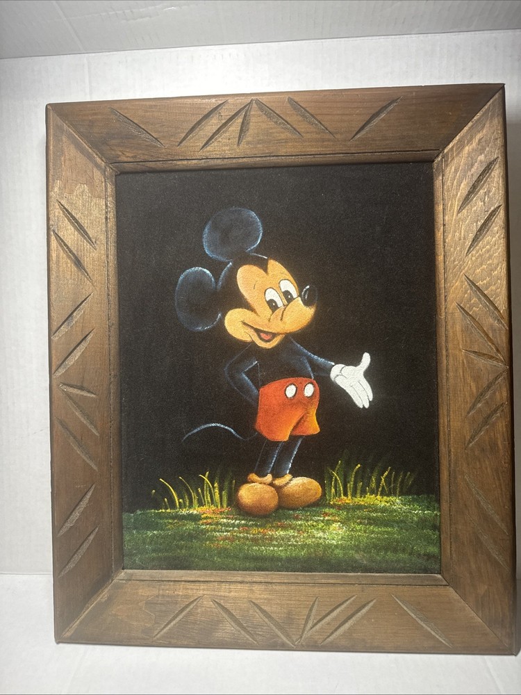 Vintage Mickey Mouse Black Velvet Painting With Carved Wood frame.