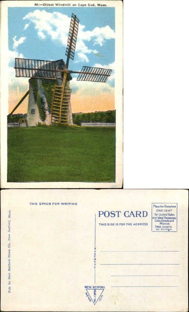 Oldes windmill on Cape Cod Massachusetts 1920s postcard unused
