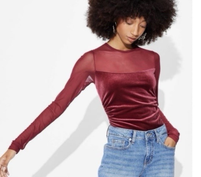 Wild Fable Women's Size XS Long Sleeve Mesh to Velour Party Top Red