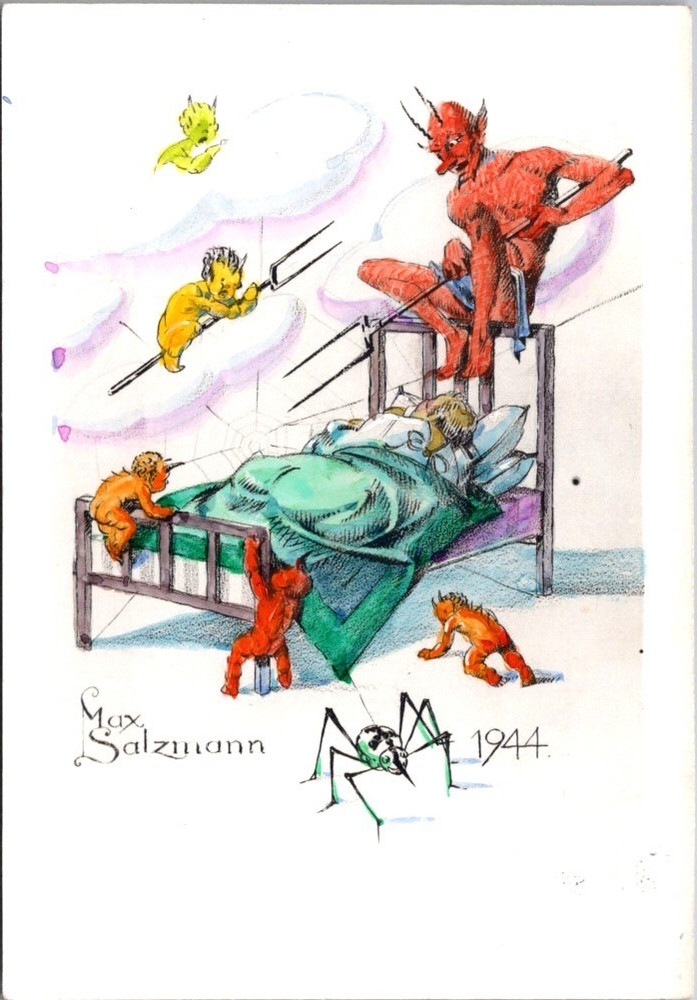 Vintage 1944 Max Salzmann Devils Bedside Comic Art Postcard [AA]