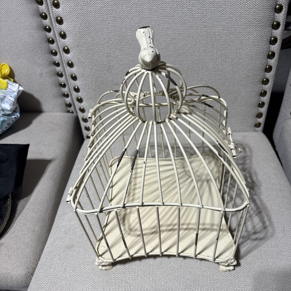 VTG Wire Bird Cage Cream Color Metal Candle or Plant Holder Hinged Stand or Hang