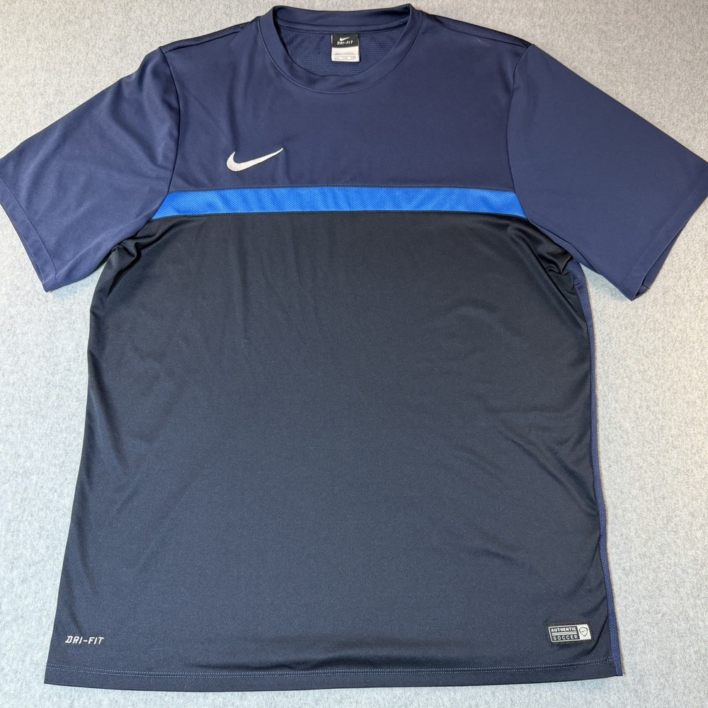 Nike Dri-Fit Shirt Mens 2XL Blue Stripe Activewear Mesh Short Sleeve T Swoosh