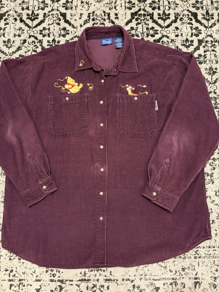 90's Winnie The Pooh Corduroy Button Up Women’s Size XL Burgundy Embroidered
