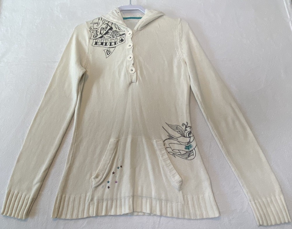 Fox Racing Brand Bike Riders Ivory Womens BUTTON Up Hoodie Sweater Sz LARGE