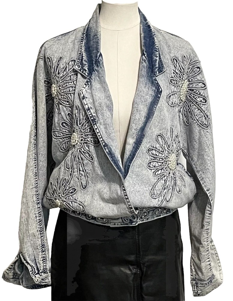 Acid Wash Bomber Jacket 80s Blue Denim Big Shoulders Pearls Embellished MED-image