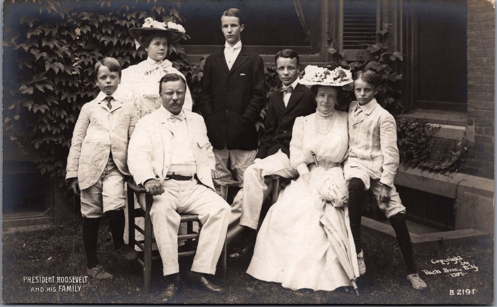 1907 President Theodore Roosevelt & Family Portrait RPPC Postcard Pach Bros.