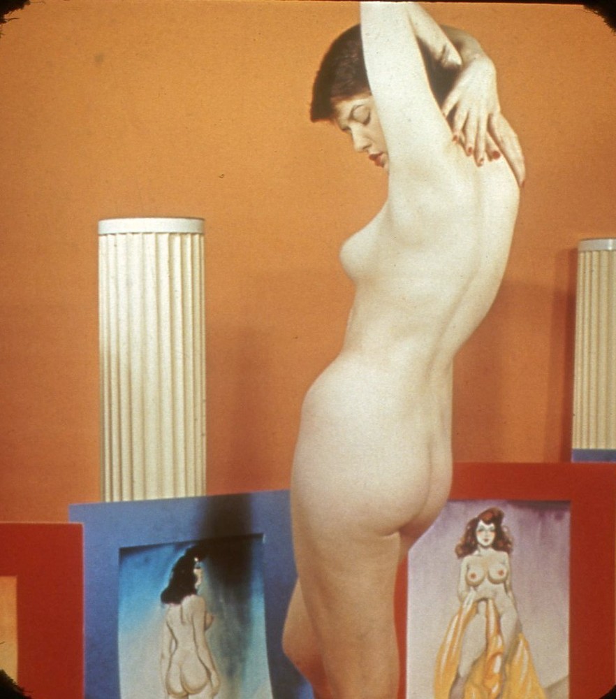 3D Stereo Realist Vintage Pinup Slide Photo Woman Model Nude by Fluted Columns