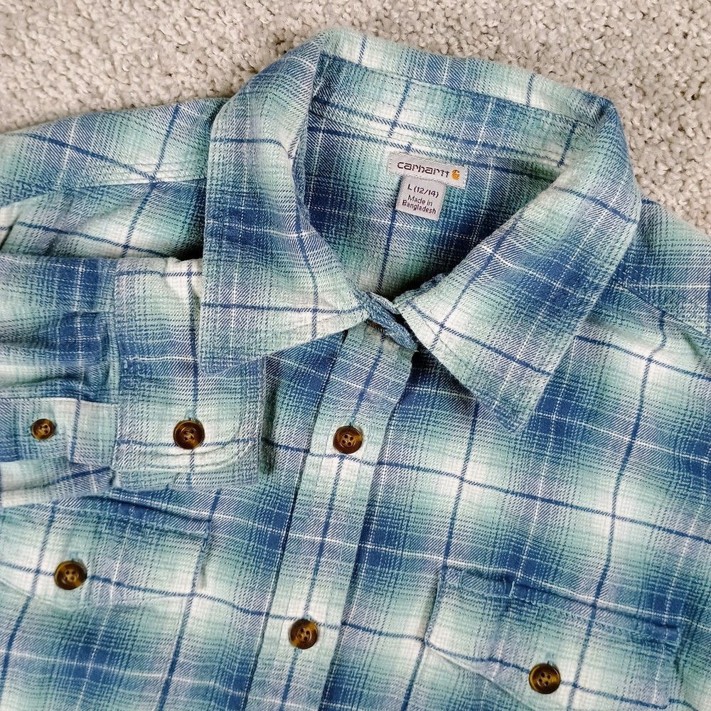 Carhartt Boys L 12/14 Blue Plaid Flannel Button Front Shirt Youth Long Sleeve