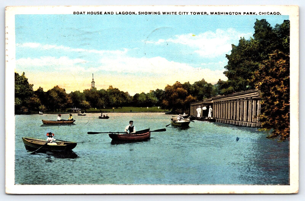 Chicago Illinois Boat House And Lagoon Washington Park Vintage Postcard 1917