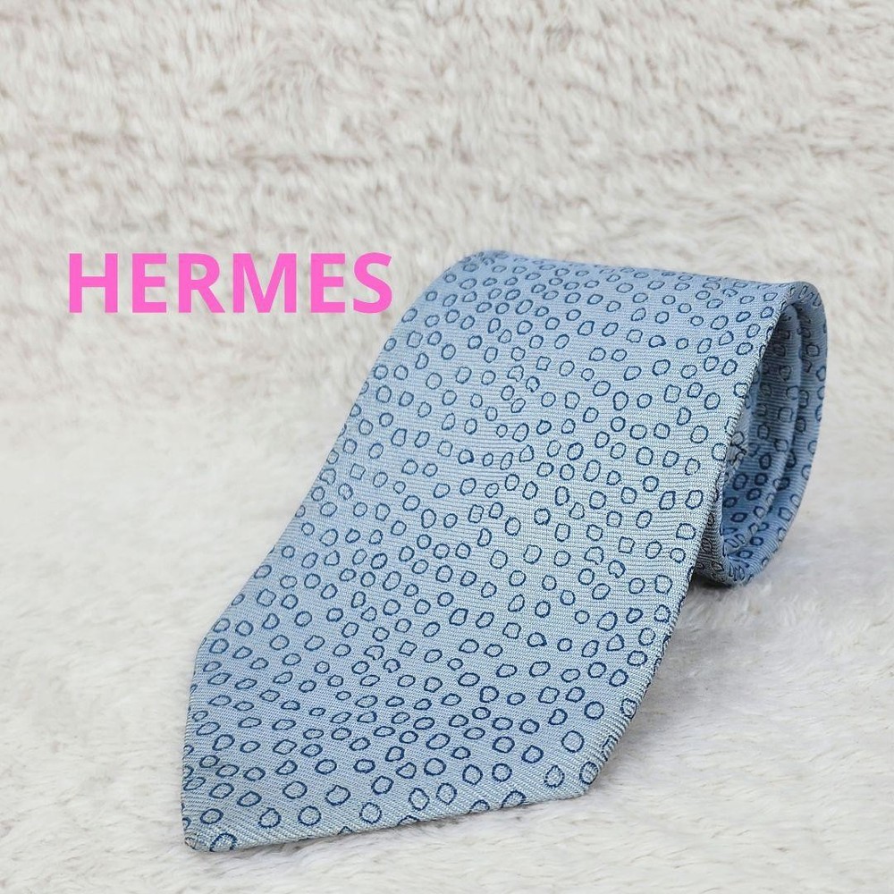 HERMES Necktie Tie All over small pattern 100% Silk Light Blue Made in France