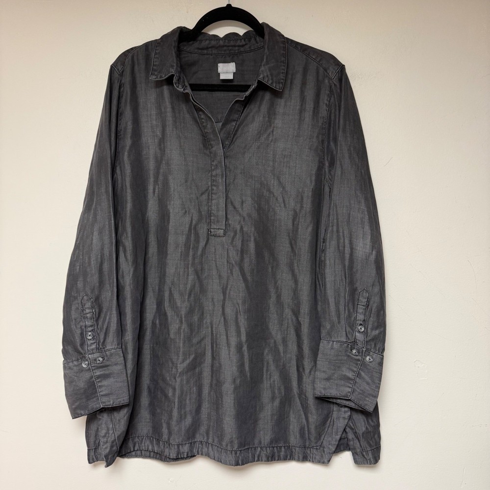 Chicos Charcoal Gray Tencel Lyocell Collared Pullover Long Sleeve Shirt Size 3