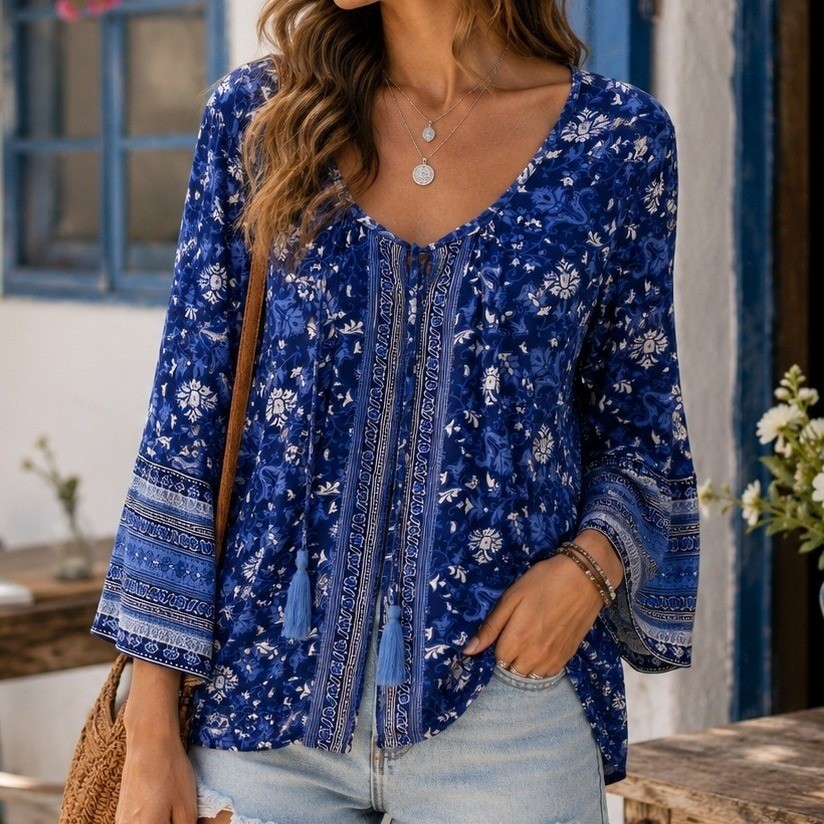 Charlie Paige Blue Floral Boho Tassel Blouse Bell Sleeve L/XL Cottagecore Indie