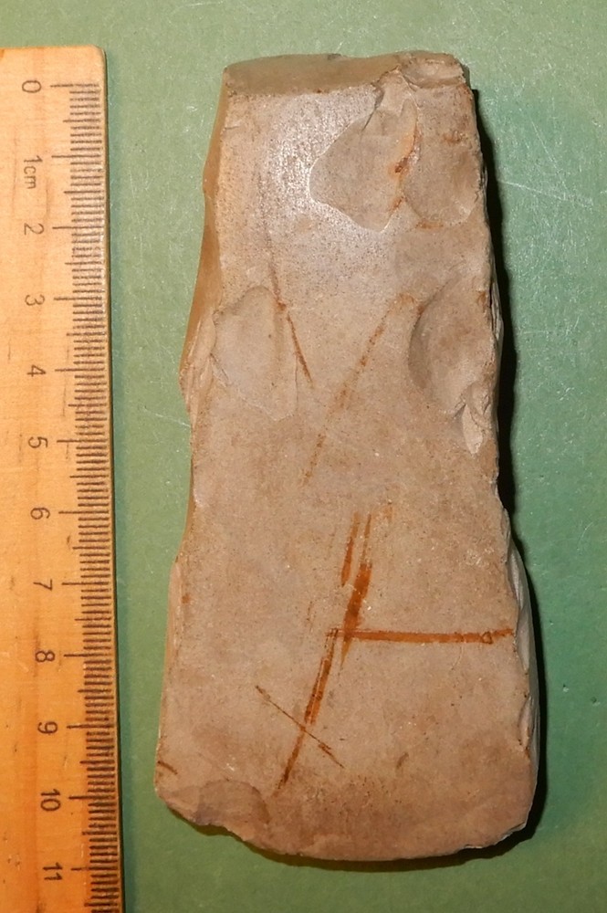 Polished thick-butted, broad-bladed flint axe. Danish Stoneage dating 1500 b.c