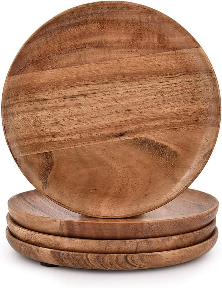 Acacia Wood round Wood Plates Set of 4 Easy Cleaning & Lightweight for Dishes