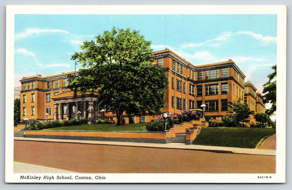 Canton Ohio~McKinley High School Street View~American Art~Vintage Linen Postcard