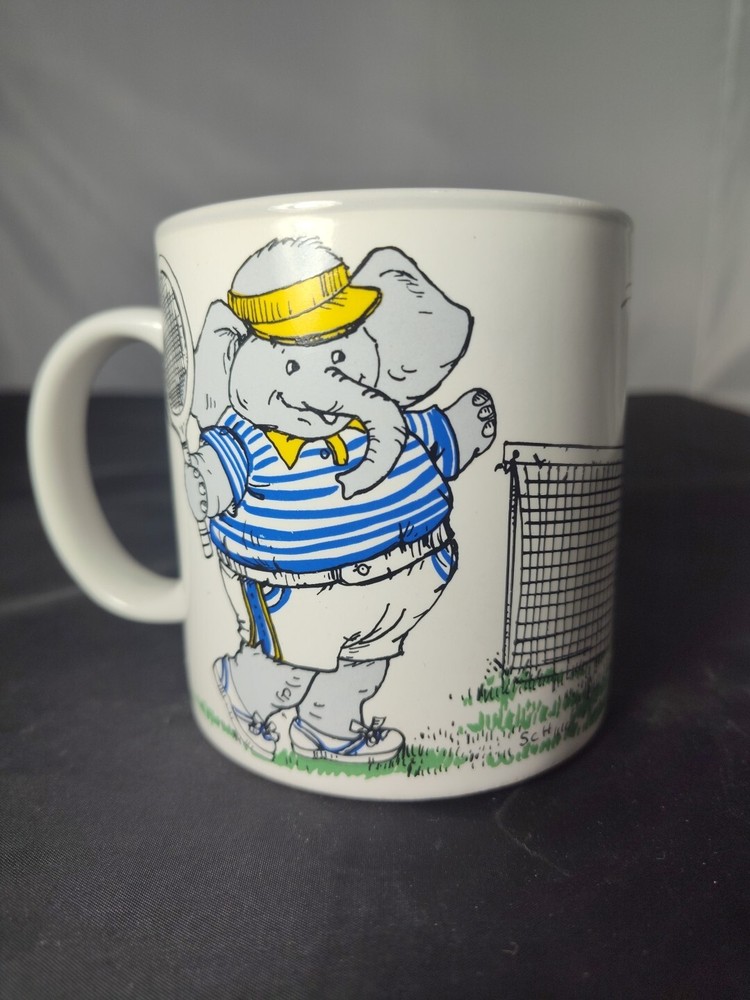 Potpourri Press Elephants Playing Tennis Ceramic Coffee Mug Cup Japan 8 oz