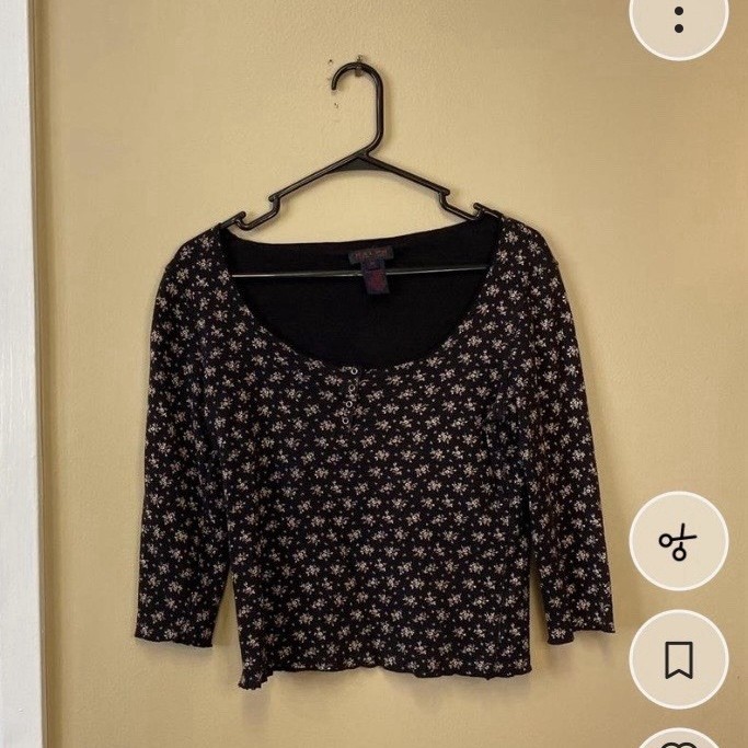 Ralph Lauren Black White Floral Knit Scoop Neck 3/4 Sleeve Blouse