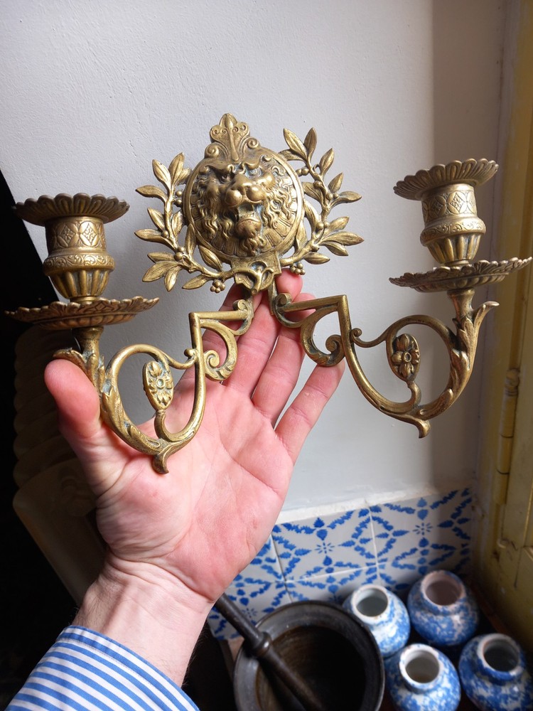 Pair Of Bronze Renaissance Style Lion Wall Sconces 19th Century