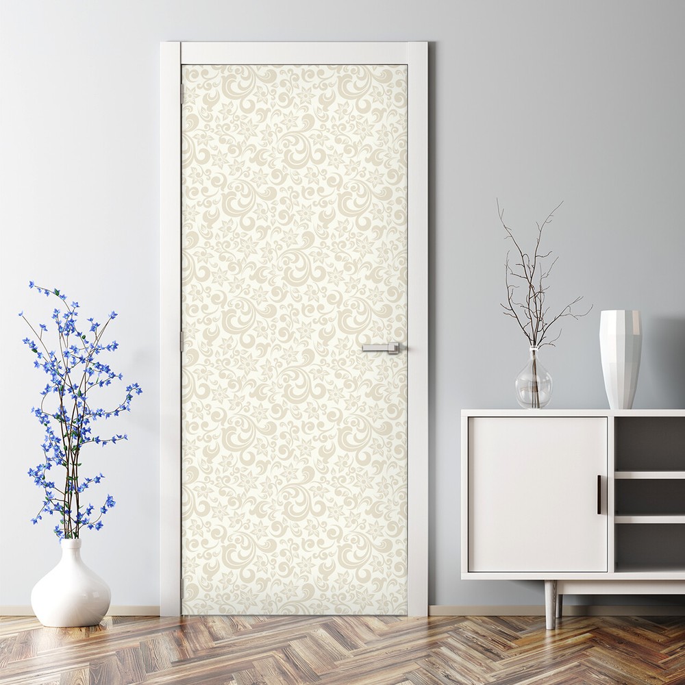 Baroque style light beige self-adhesive bubble-free door decal in yellow and grey