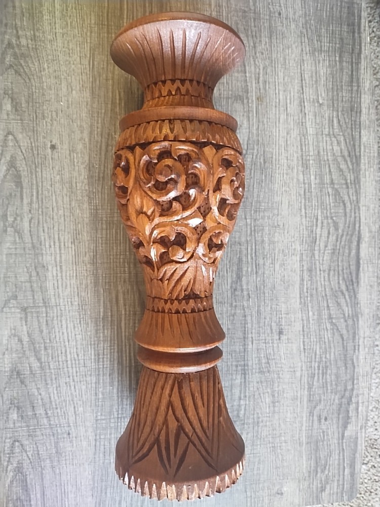 Vintage Hand Carved Wood Vase Floral Rustic Decor Teak Thailand 15.4 In Tall
